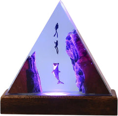 Handmade 3D Ocean Resin Lamp, Epoxy Ocean Night Light with Wooden Base, LED Color Changing Table Lamp, USB Powered Dragons Decor, Unique Ocean Gift for Bedroom & Home Office (Shark)