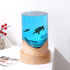 Handmade Resin Night Light with Ocean Micro Landscape – Turtle, Whale & Diver Creative Wooden Desk Ornament