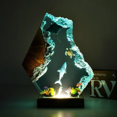 Epoxy Resin Ocean Lamp, Shark, Turtle, and Coral Reef Night Light, Resin Wood Art Lamp