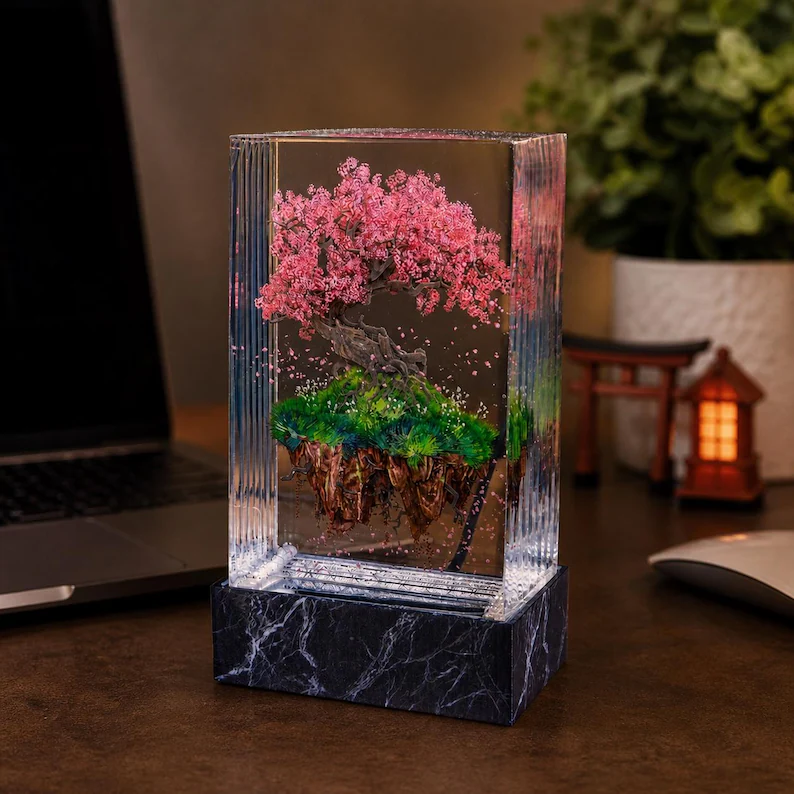 Floating Cherry Blossom Resin Lamp Zen Desk Art Sakura Petal Sculpture for Nature Admirer
