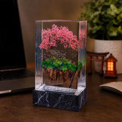 Floating Cherry Blossom Resin Lamp Zen Desk Art Sakura Petal Sculpture for Nature Admirer