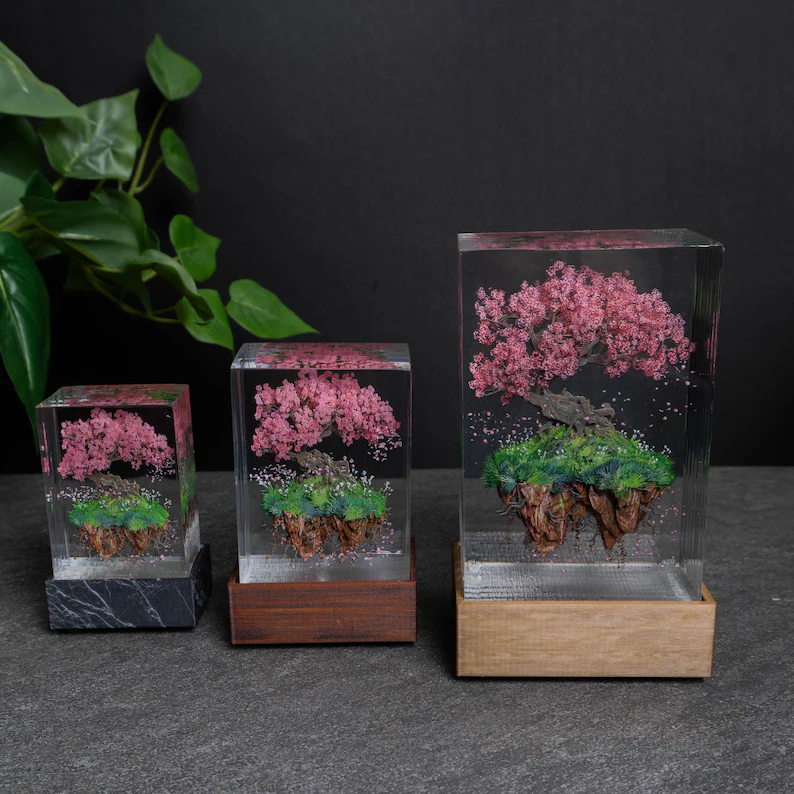 Floating Cherry Blossom Resin Lamp Zen Desk Art Sakura Petal Sculpture for Nature Admirer