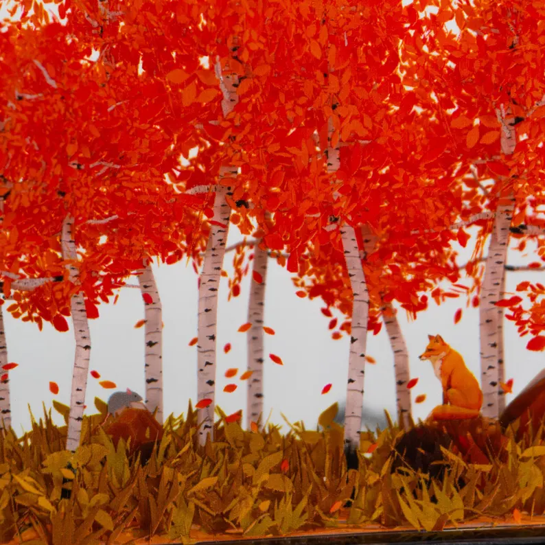 Autumn Birch Forest Resin Lamp, Orange Fox Fall Decor for Bookshelf