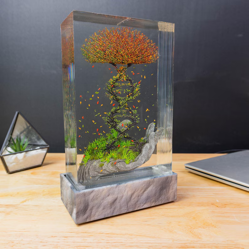 DNA Tree Resin Lamp Colorful Leaves Sculpture for Scientist or Biologist