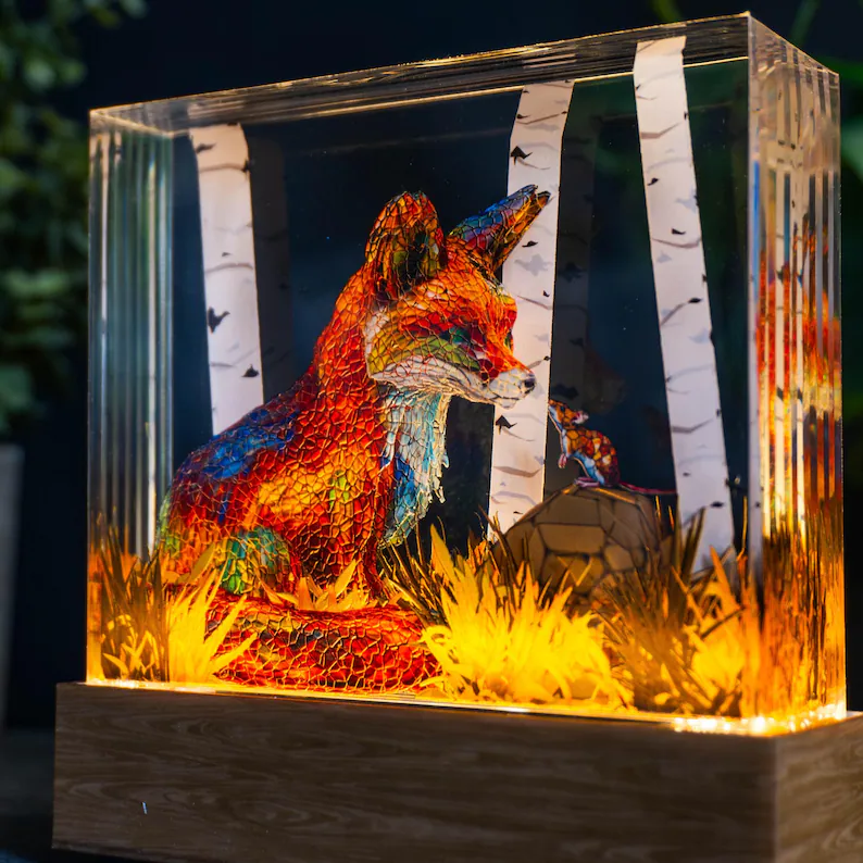 Forest Fox and Mouse Resin Lamp | Woodland Light Sculpture