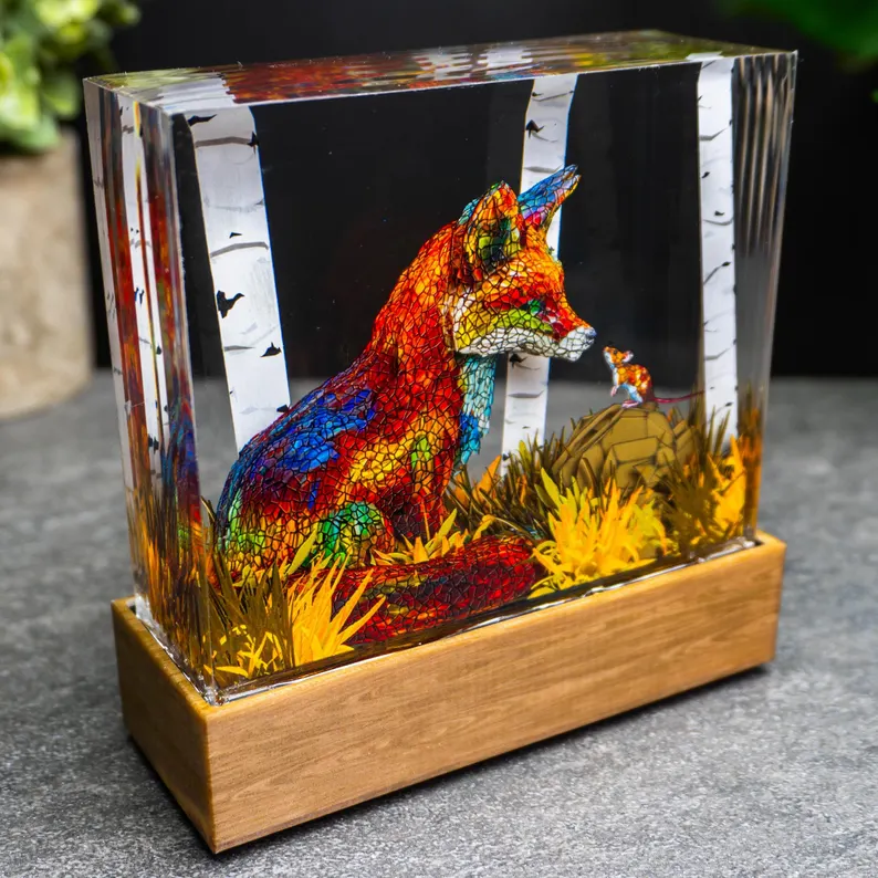 Forest Fox and Mouse Resin Lamp | Woodland Light Sculpture