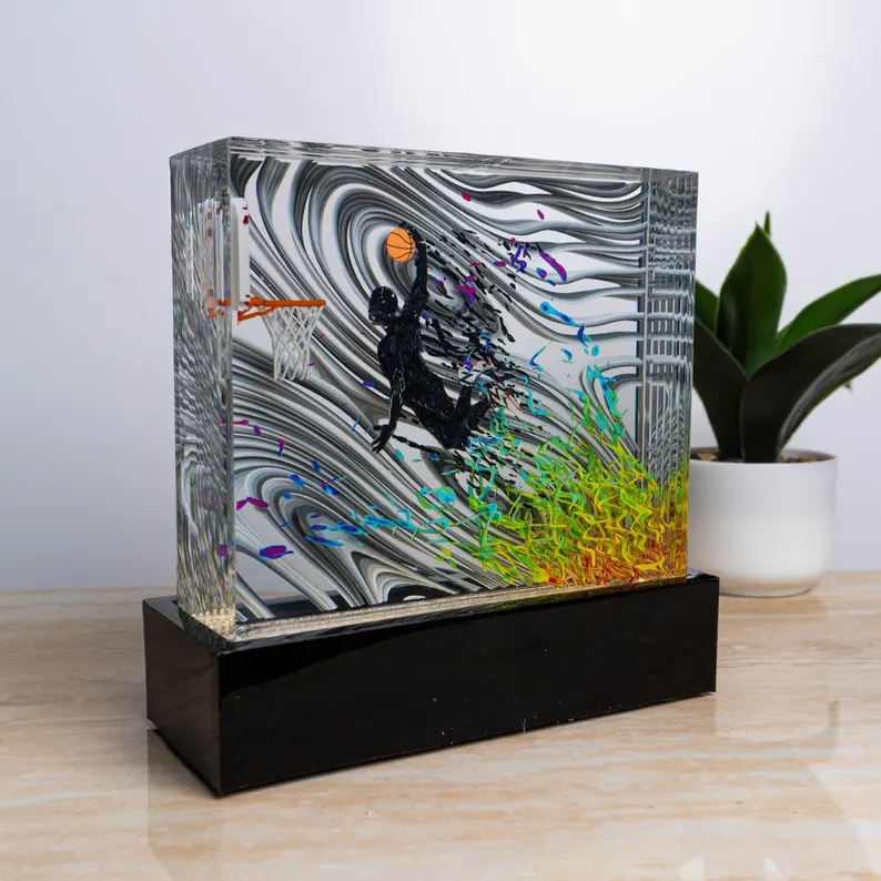Basketball Dunk Resin Art Piece Trophy, Jumping Sport 3D Still frame Sculpture