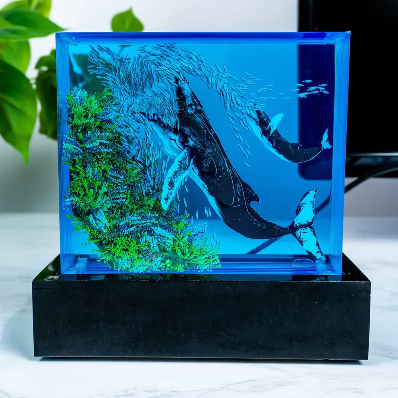 Whales Feeding On Sardines Resin Sculpture, Unique 3D Kelp Forest Nature Artpiece
