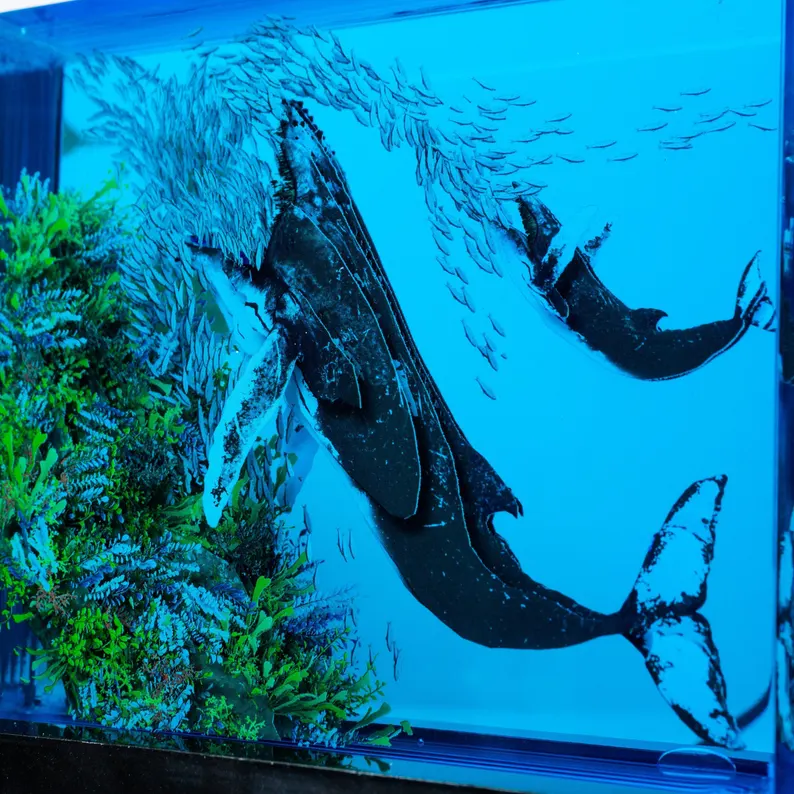 Whales Feeding On Sardines Resin Sculpture, Unique 3D Kelp Forest Nature Artpiece