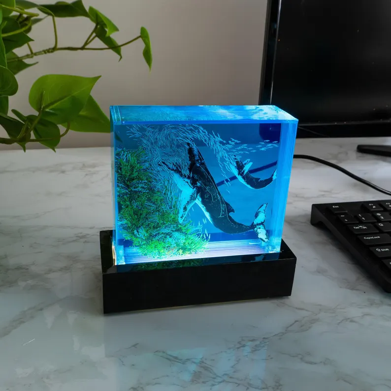 Whales Feeding On Sardines Resin Sculpture, Unique 3D Kelp Forest Nature Artpiece