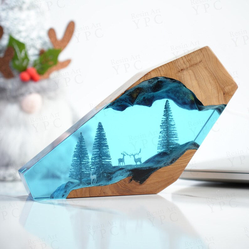 Winter Snow Forest Deer Night Light, Large Epoxy Resin Wood lamp, Kids gift, Father's Day Gift for Him
