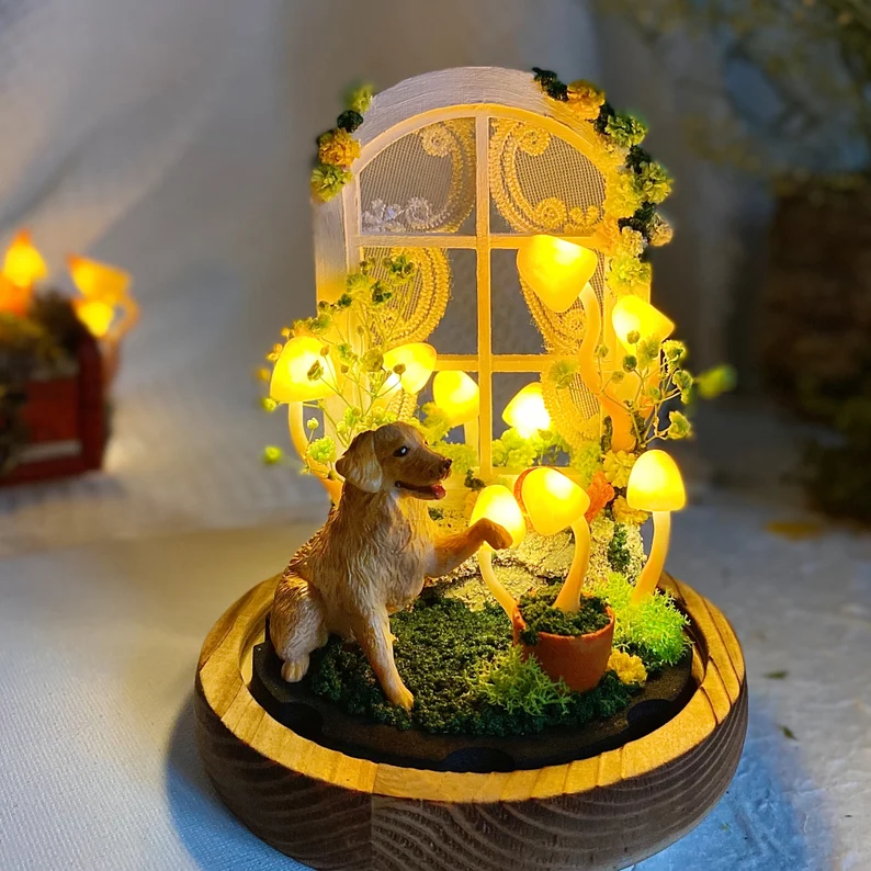 USB + Battery-Personalized Dog Mushroom Lamp - Cozy Mushroom Night Light with Dog Figurine, Unique Home Decor and Pet Memorial, Ideal Gift for Dog Lovers