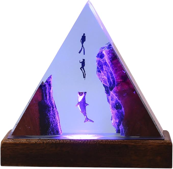 Handmade 3D Ocean Resin Lamp, Epoxy Ocean Night Light with Wooden Base, LED Color Changing Table Lamp, USB Powered Dragons Decor, Unique Ocean Gift for Bedroom & Home Office (Shark)