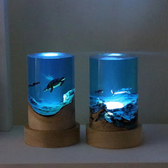 Handmade Resin Night Light with Ocean Micro Landscape – Turtle, Whale & Diver Creative Wooden Desk Ornament