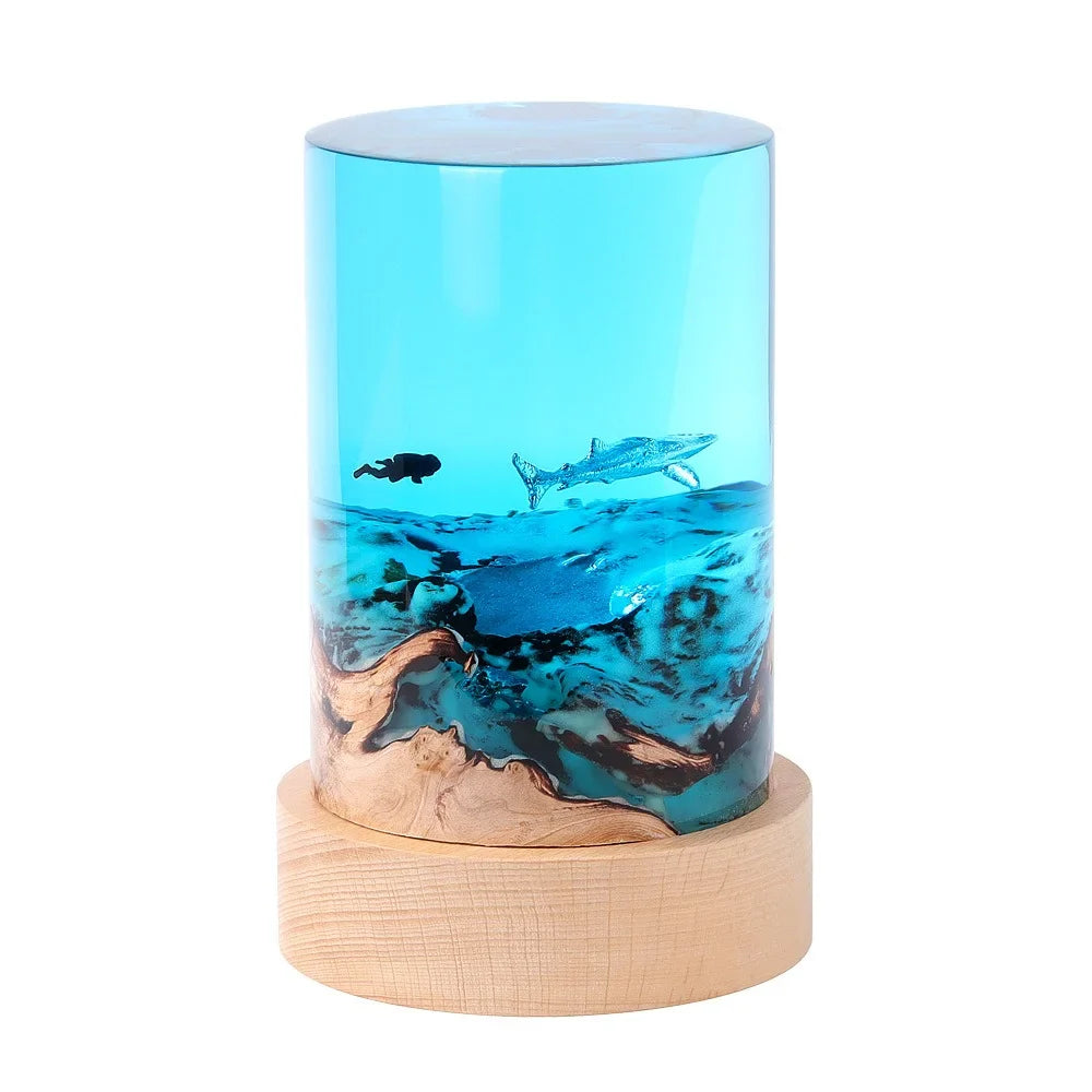 Handmade Resin Night Light with Ocean Micro Landscape – Turtle, Whale & Diver Creative Wooden Desk Ornament
