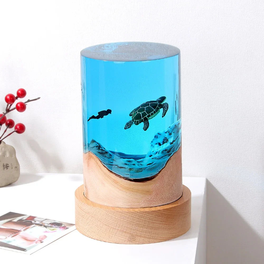 Handmade Resin Night Light with Ocean Micro Landscape – Turtle, Whale & Diver Creative Wooden Desk Ornament