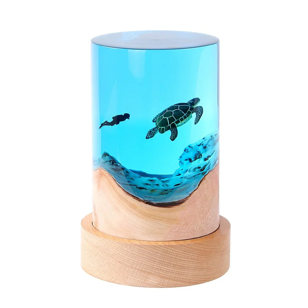 Handmade Resin Night Light with Ocean Micro Landscape – Turtle, Whale & Diver Creative Wooden Desk Ornament