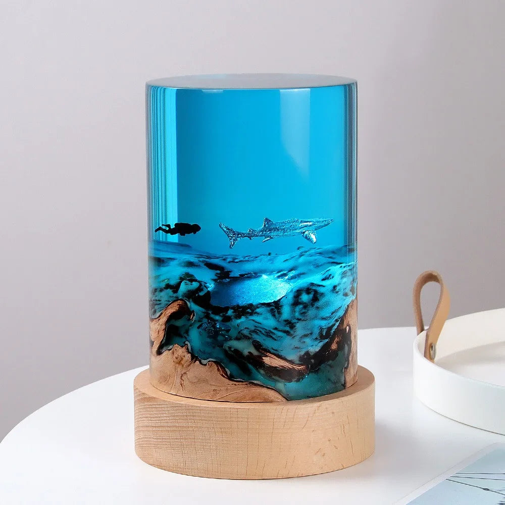 Handmade Resin Night Light with Ocean Micro Landscape – Turtle, Whale & Diver Creative Wooden Desk Ornament