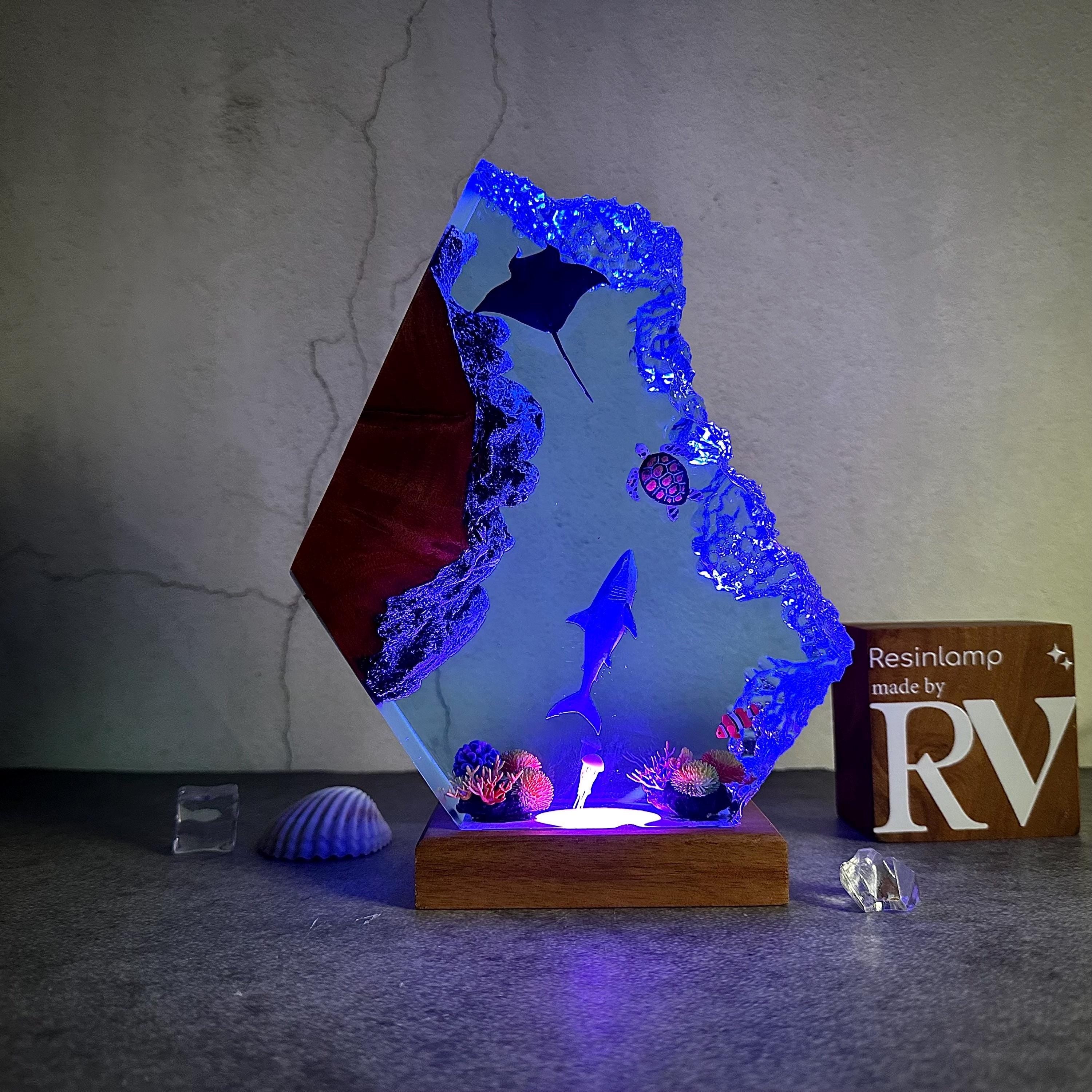 Epoxy Resin Ocean Lamp, Shark, Turtle, and Coral Reef Night Light,  Resin Wood Art Lamp