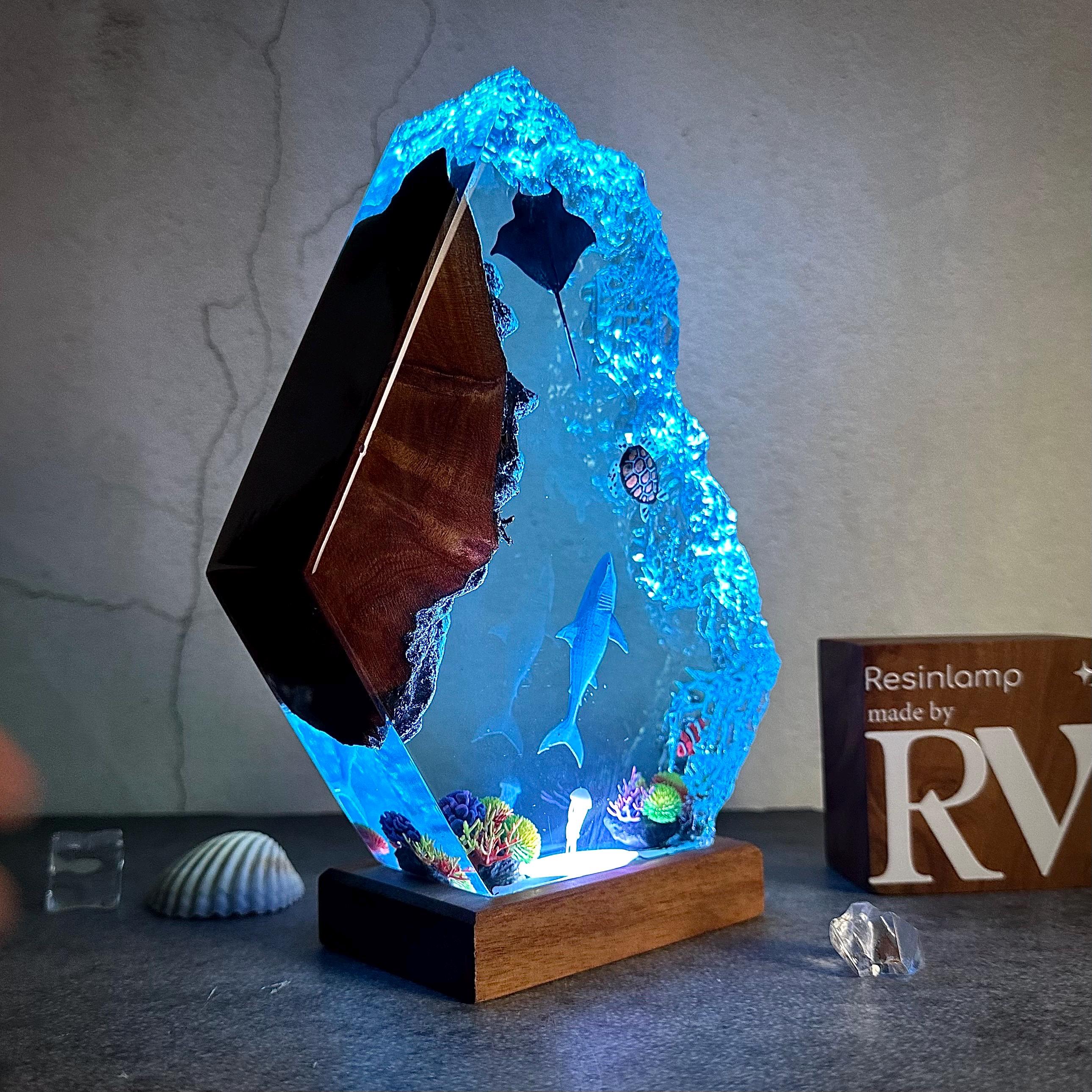 Epoxy Resin Ocean Lamp, Shark, Turtle, and Coral Reef Night Light,  Resin Wood Art Lamp