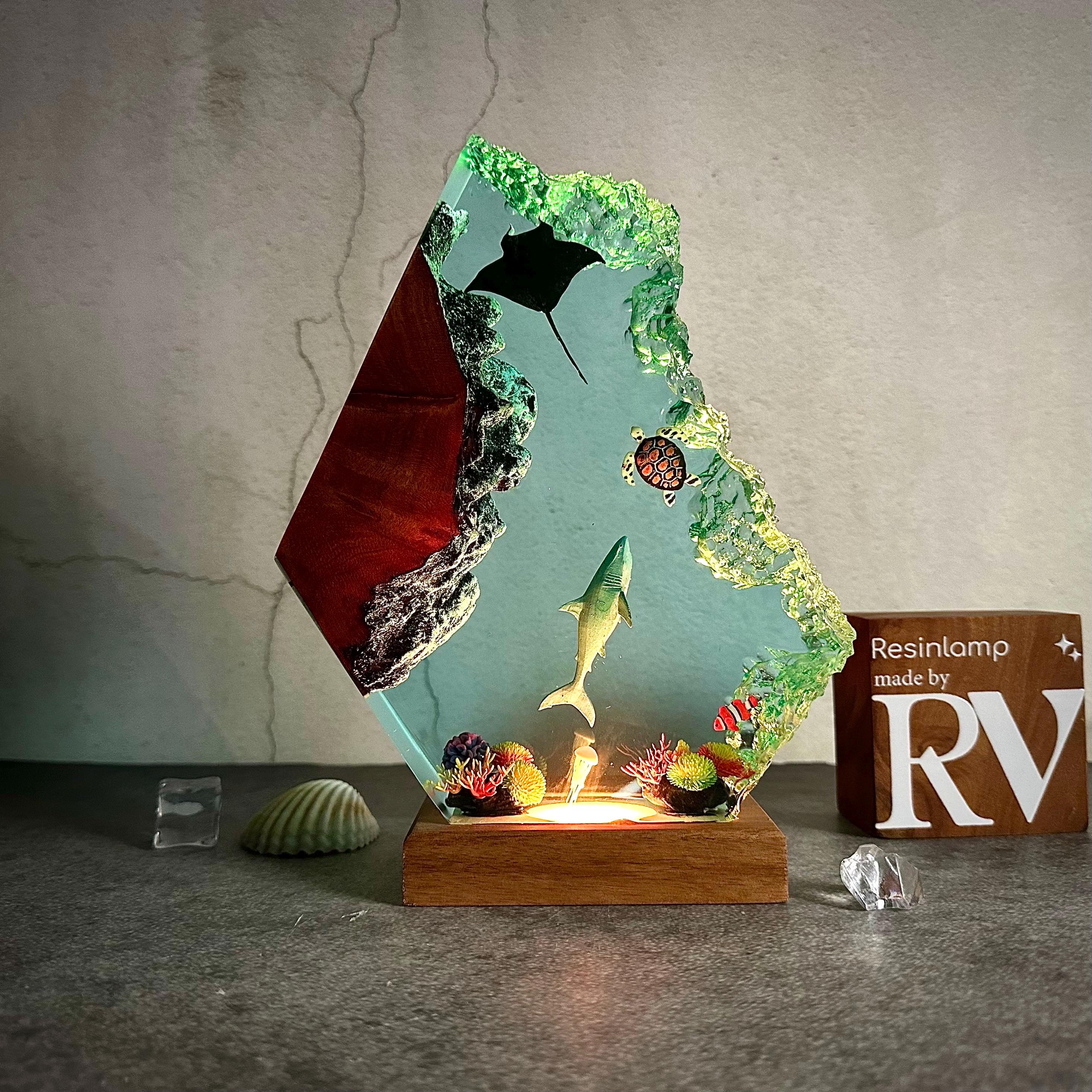 Epoxy Resin Ocean Lamp, Shark, Turtle, and Coral Reef Night Light,  Resin Wood Art Lamp