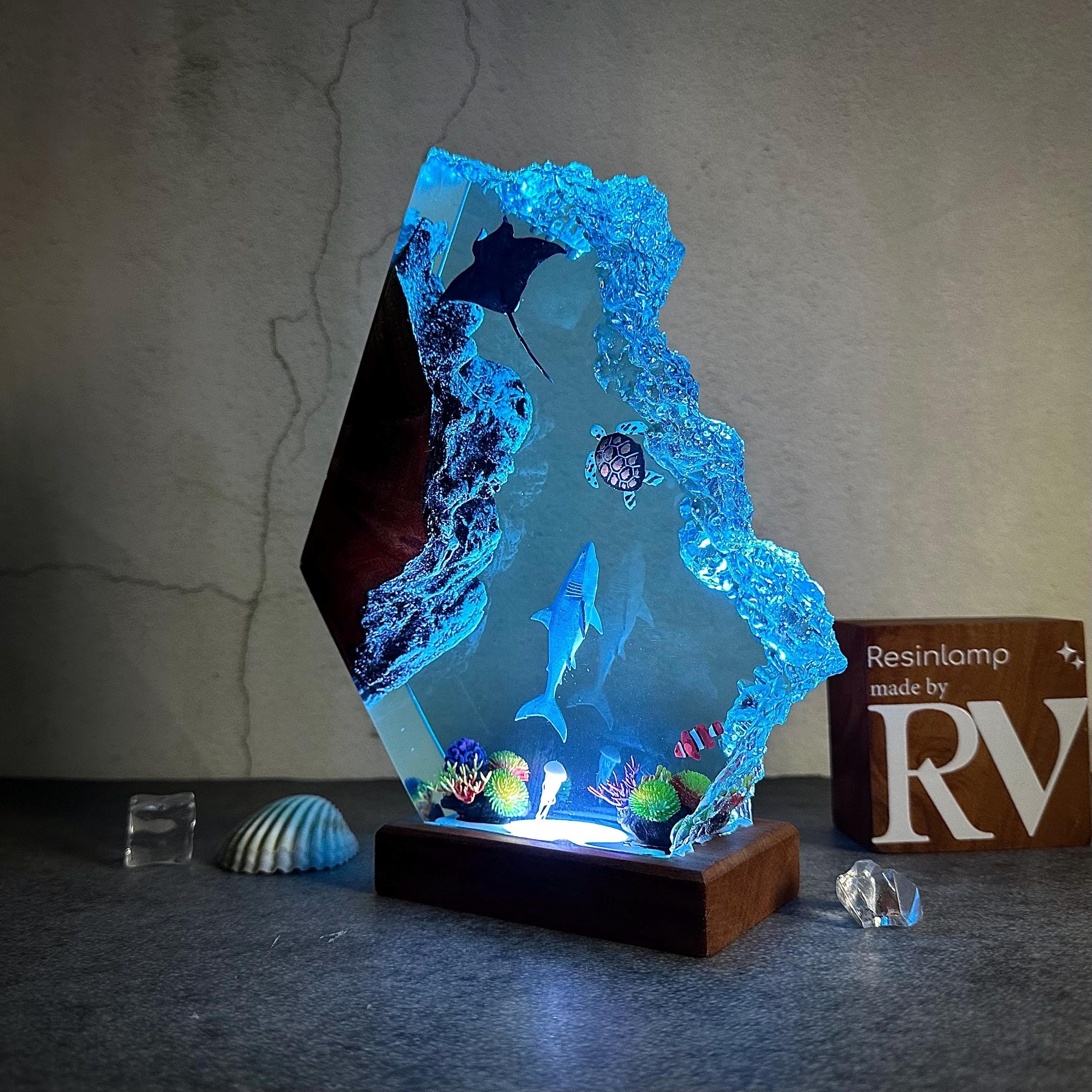 Epoxy Resin Ocean Lamp, Shark, Turtle, and Coral Reef Night Light,  Resin Wood Art Lamp