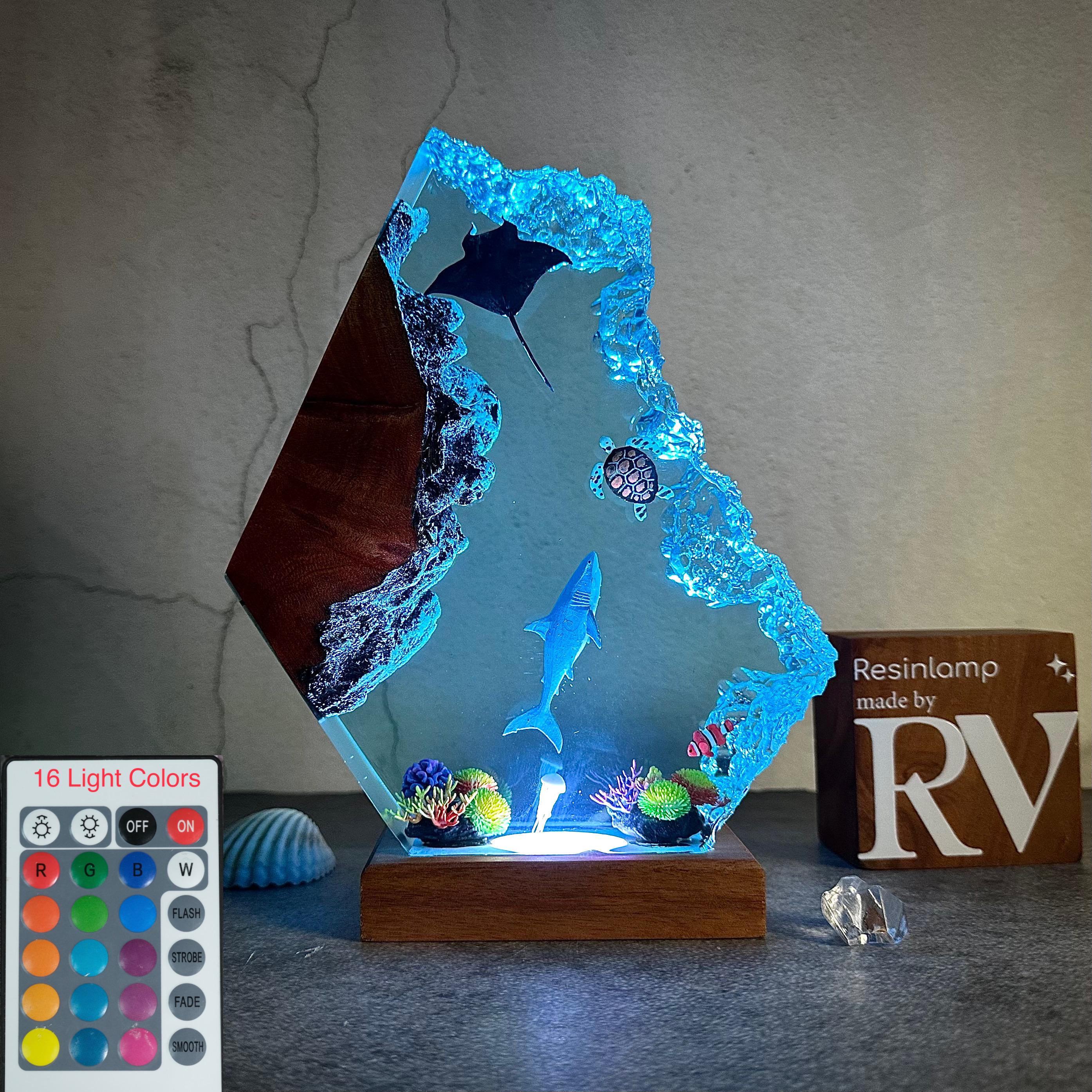 Epoxy Resin Ocean Lamp, Shark, Turtle, and Coral Reef Night Light,  Resin Wood Art Lamp