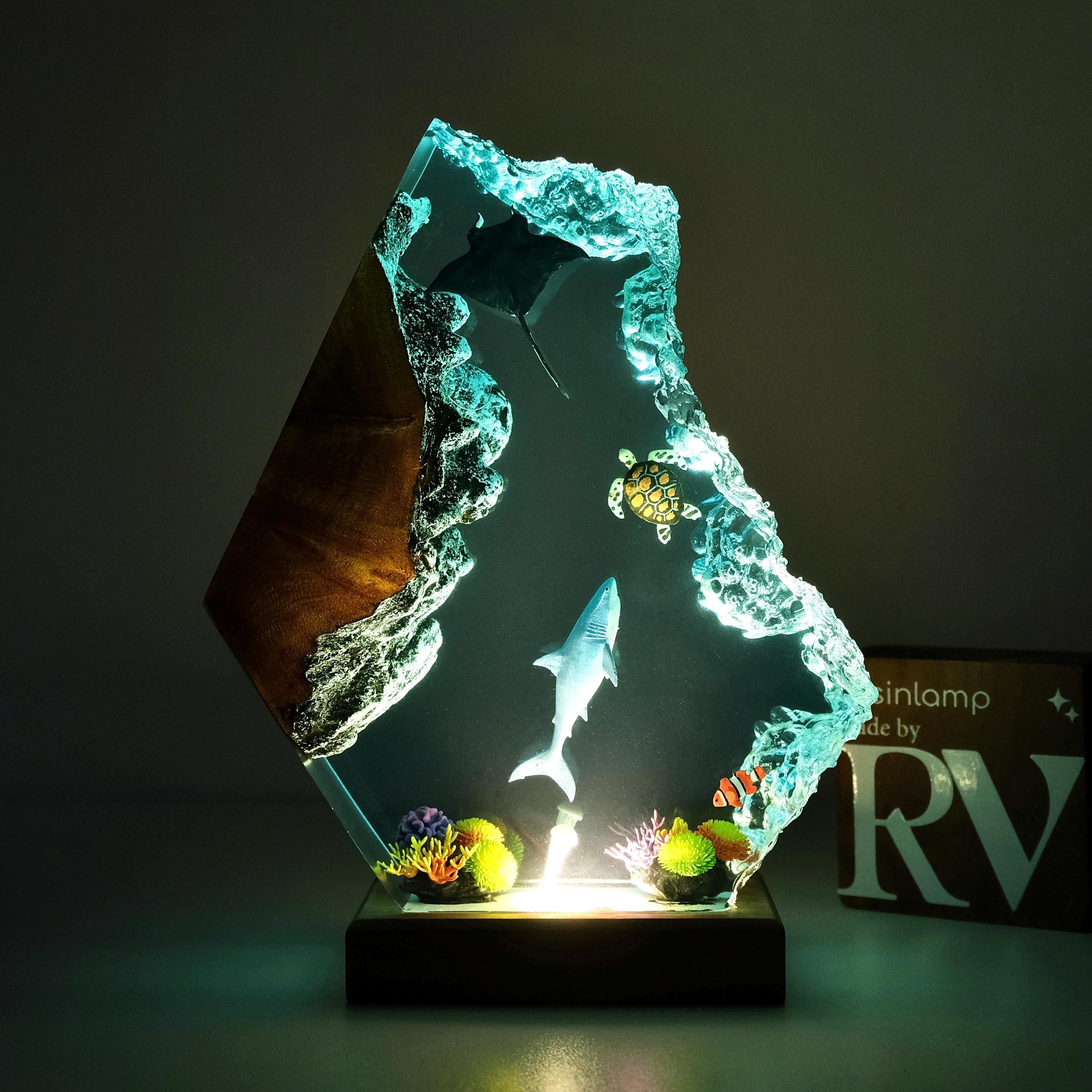Epoxy Resin Ocean Lamp, Shark, Turtle, and Coral Reef Night Light,  Resin Wood Art Lamp