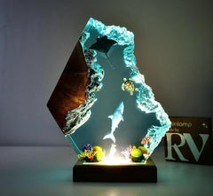 Epoxy Resin Ocean Lamp, Shark, Turtle, and Coral Reef Night Light,  Resin Wood Art Lamp