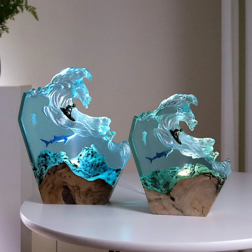 Ocean Resin Whale Surfing Lamp – Handmade Wooden Night Light & Creative Desktop Ornament for Home Decor
