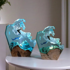 Ocean Resin Whale Surfing Lamp – Handmade Wooden Night Light & Creative Desktop Ornament for Home Decor