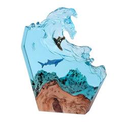 Ocean Resin Whale Surfing Lamp – Handmade Wooden Night Light & Creative Desktop Ornament for Home Decor