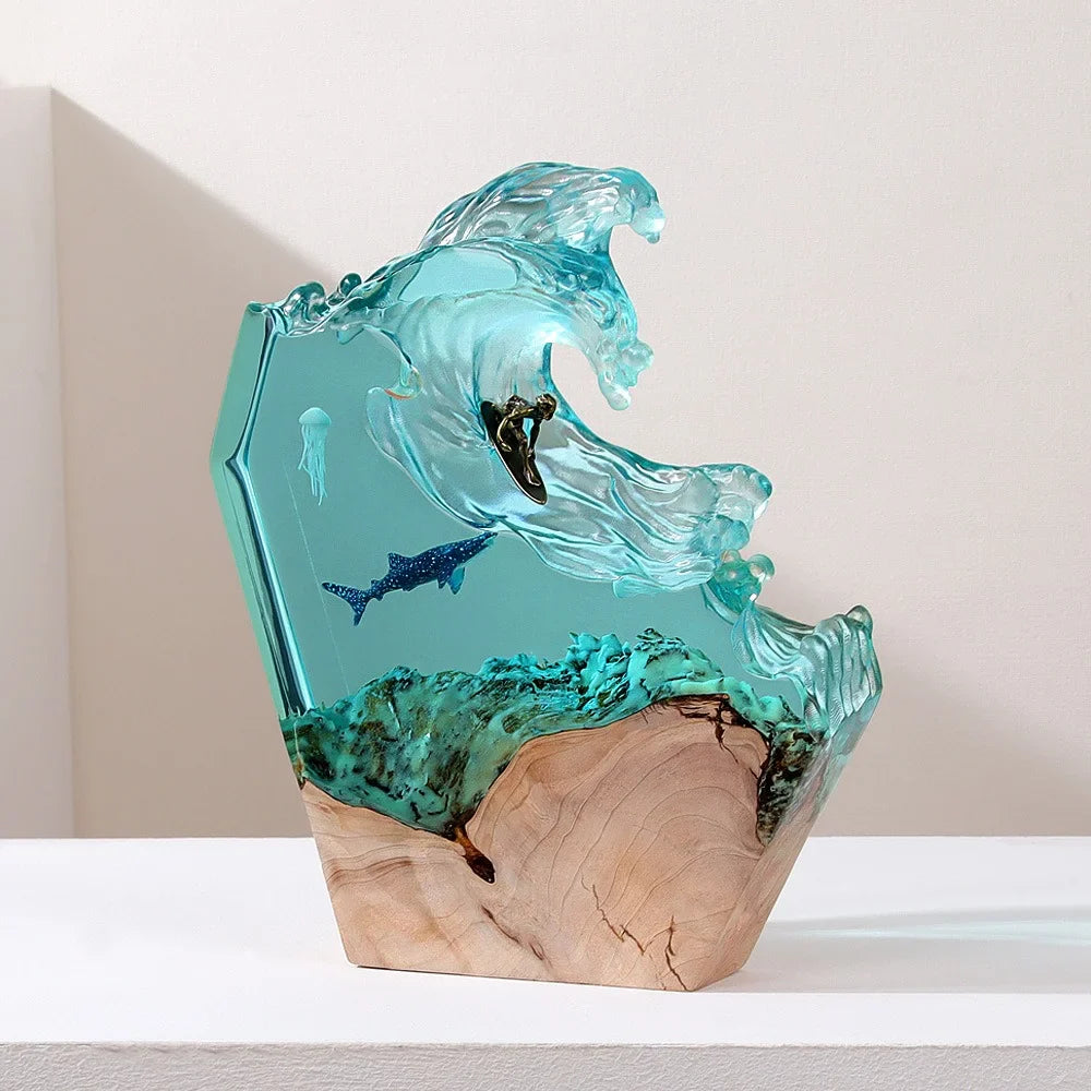 Ocean Resin Whale Surfing Lamp – Handmade Wooden Night Light & Creative Desktop Ornament for Home Decor