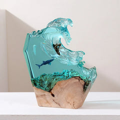 Ocean Resin Whale Surfing Lamp – Handmade Wooden Night Light & Creative Desktop Ornament for Home Decor