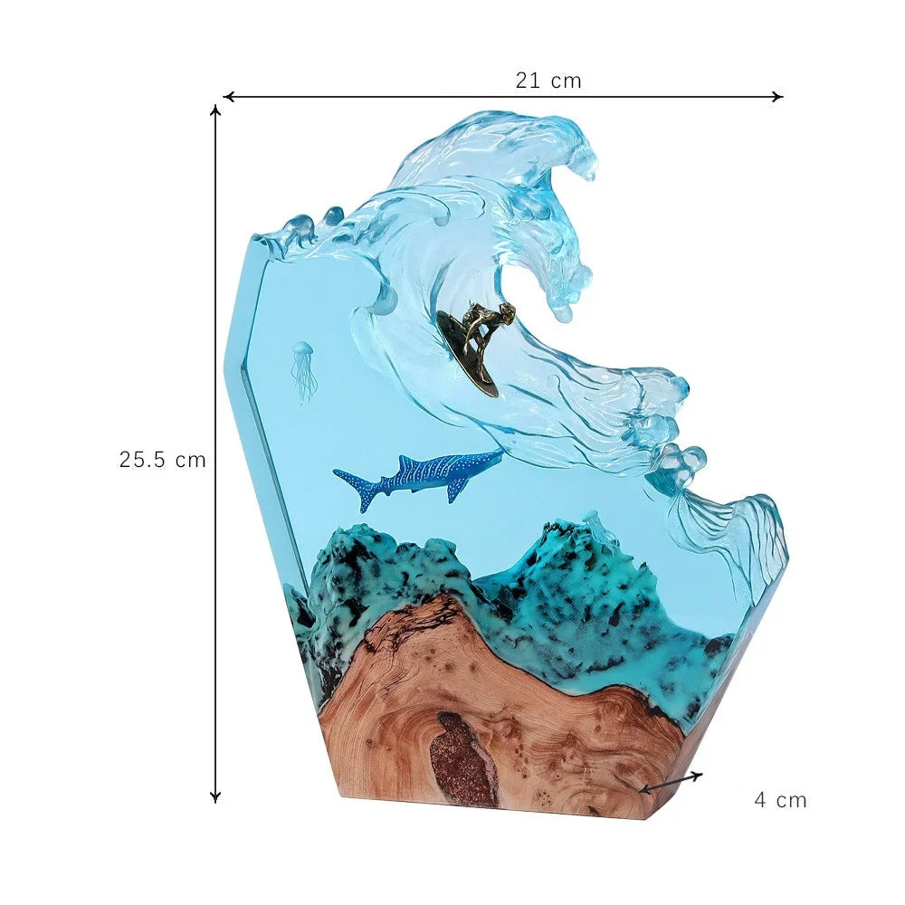 Ocean Resin Whale Surfing Lamp – Handmade Wooden Night Light & Creative Desktop Ornament for Home Decor