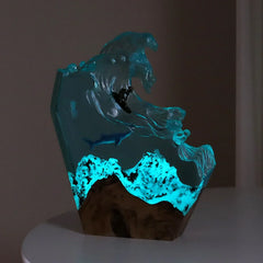 Ocean Resin Whale Surfing Lamp – Handmade Wooden Night Light & Creative Desktop Ornament for Home Decor